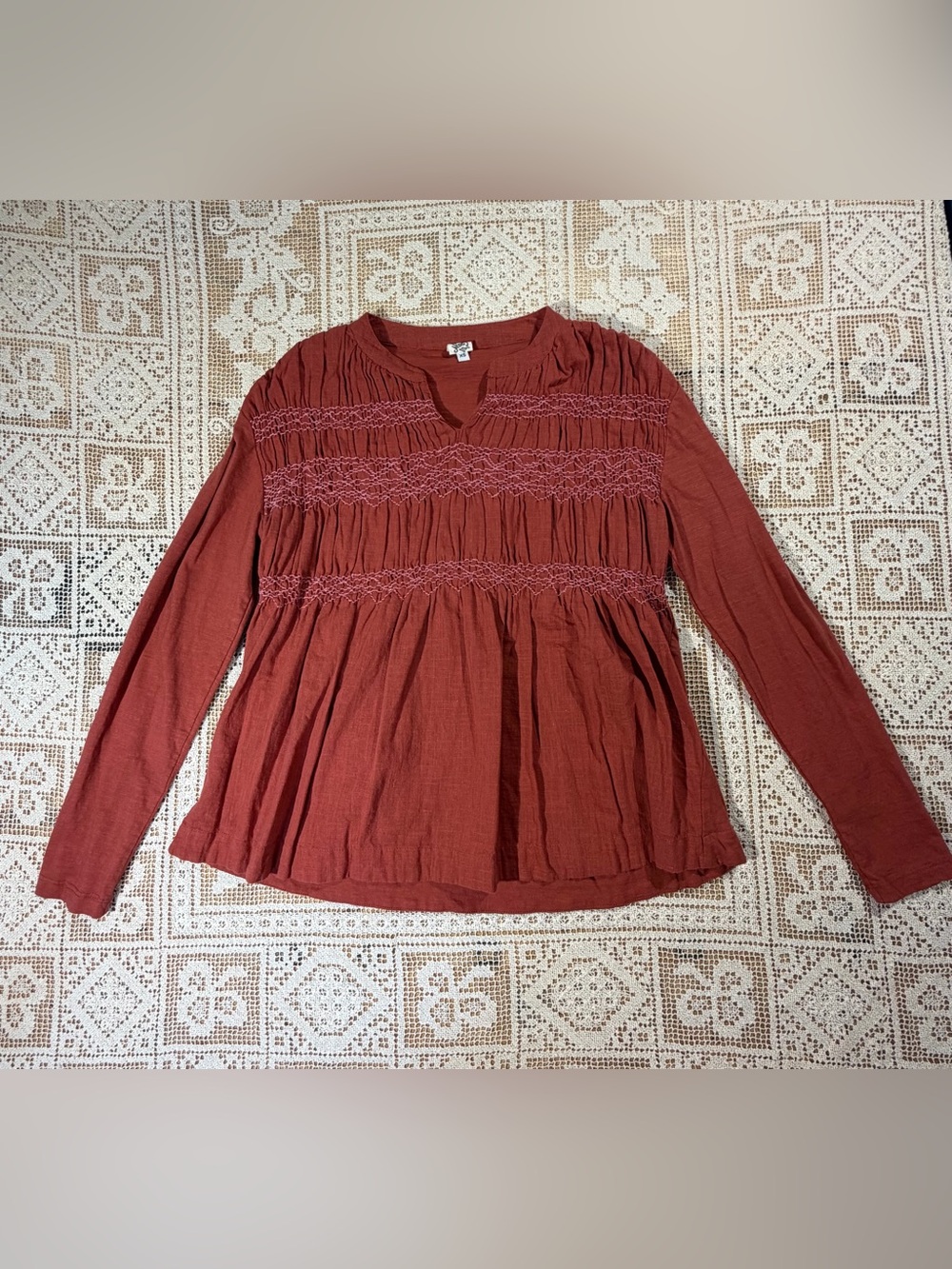 Ivy Jane Rust Smocked Long Sleeve Peasent Boho Blouse Sz XS 100% Cotton